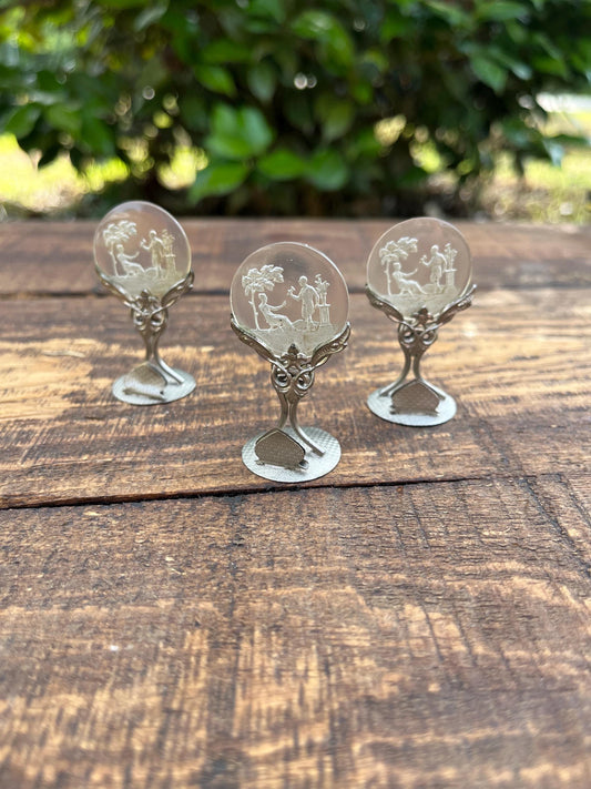 Set of 3 Czech Intaglio Place Card Holders – Vintage Glass Cameo Style – Mini Easel Holders – Wedding or Table Decor