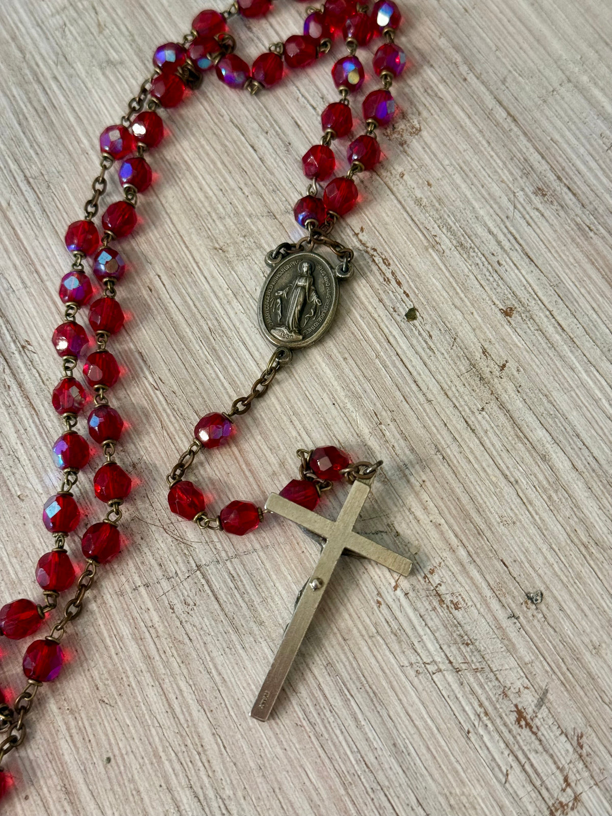 Vintage Iridescent Ruby Red Glass Catholic Rosary with Miraculous Medal