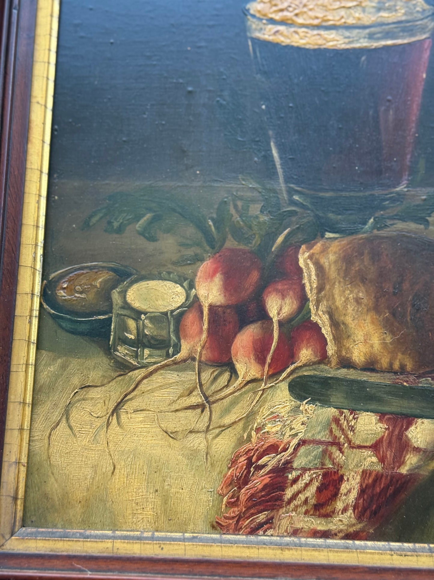 Antique Still Life Oil on Board | Signed F. Monty | Tavern Table Scene | Original 19th c. Walnut Frame