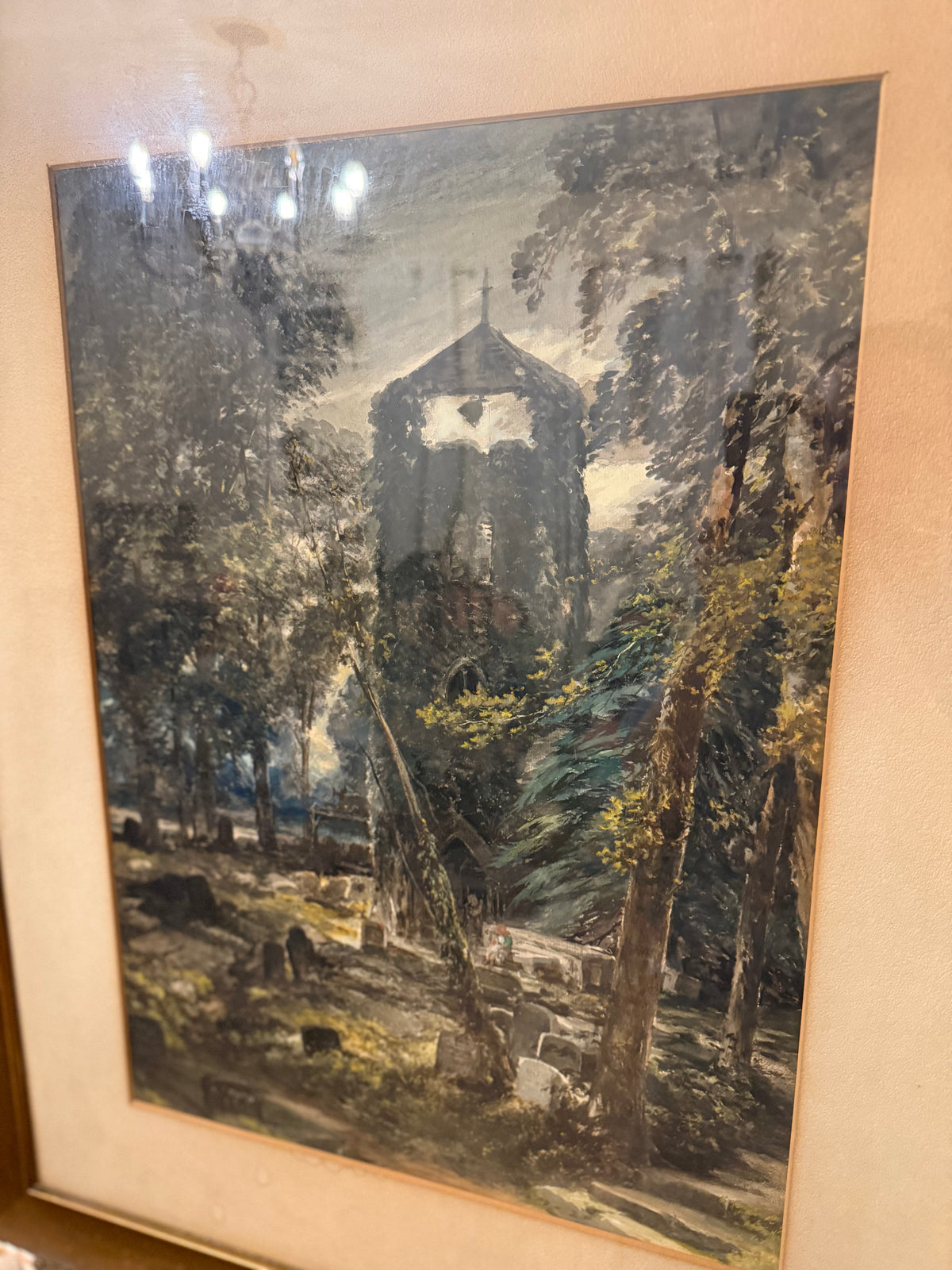 George Fotherly Hargitt, 1912 Antique Cemetery and Church Watercolor Landscape