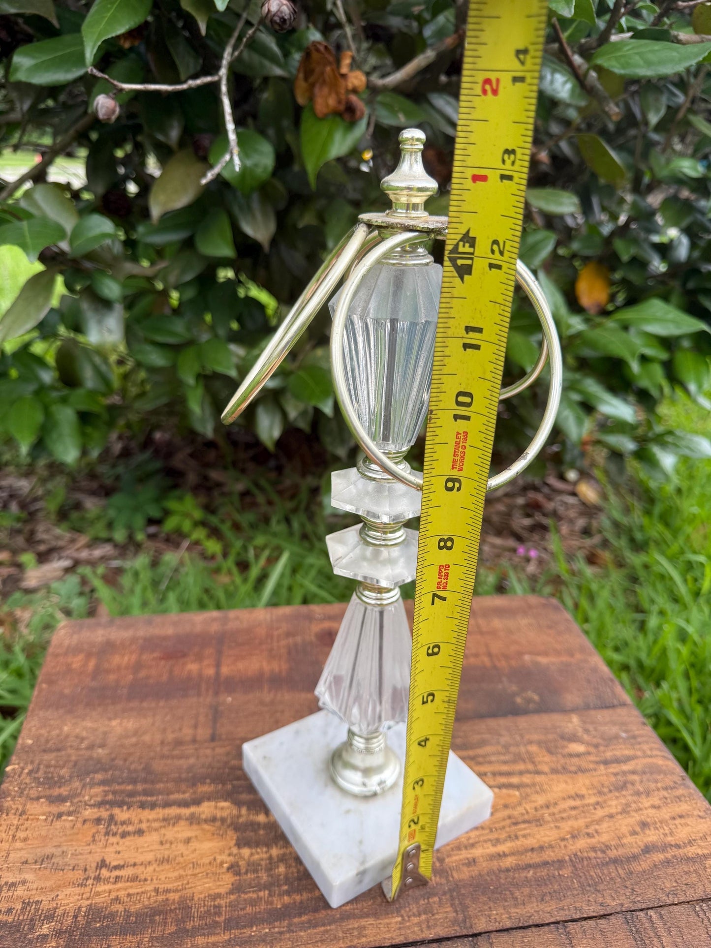 Mid-Century Lucite and Brass Finial Towel Holder | Hollywood Regency Style Decor | Marble Base Modernist Obelisk Accent