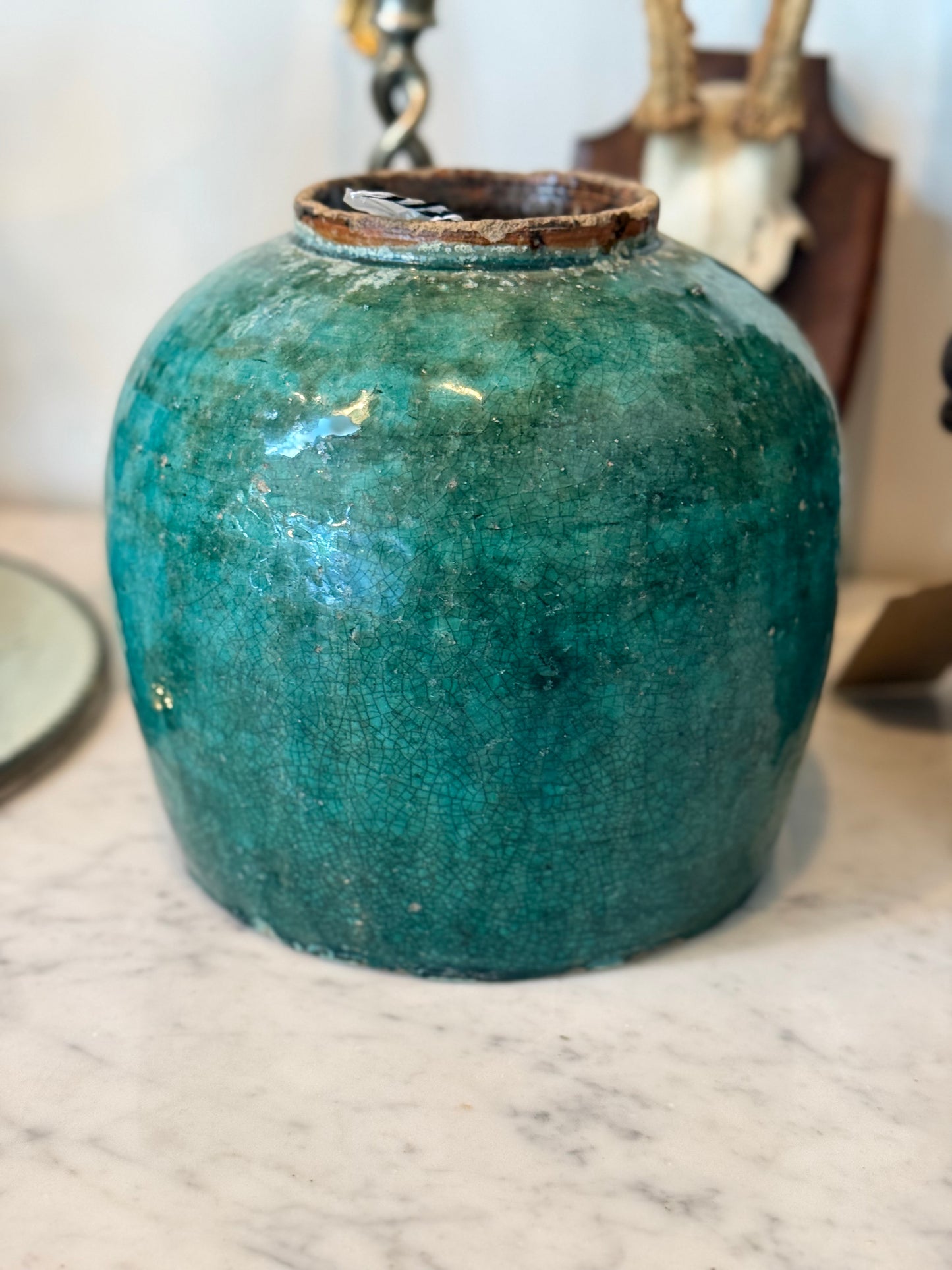 Early 20th Century Chinese Teal Glazed Ceramic Storage Jar