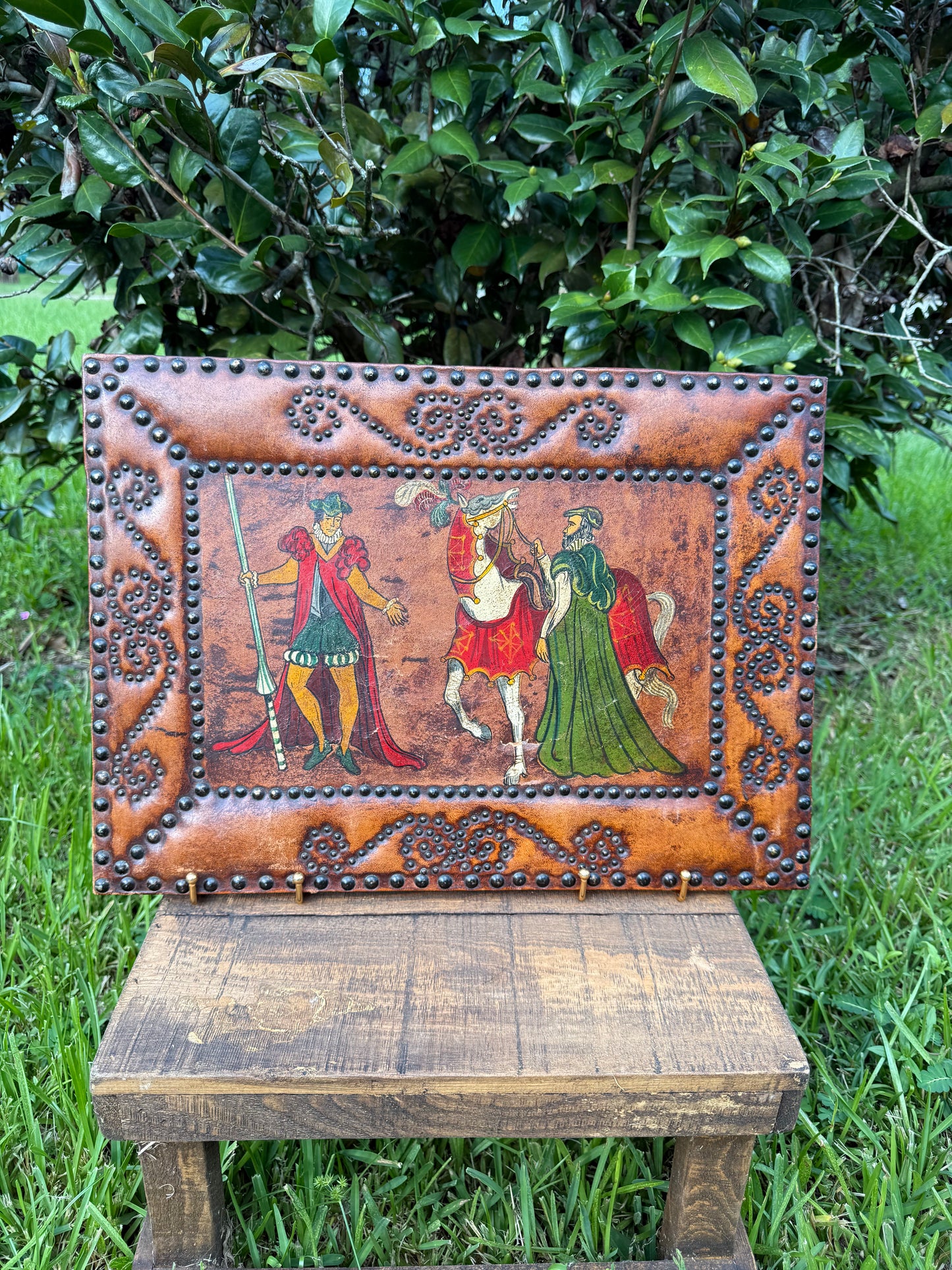 Tooled Leather Panel with Medieval Figures, Early 20th Century