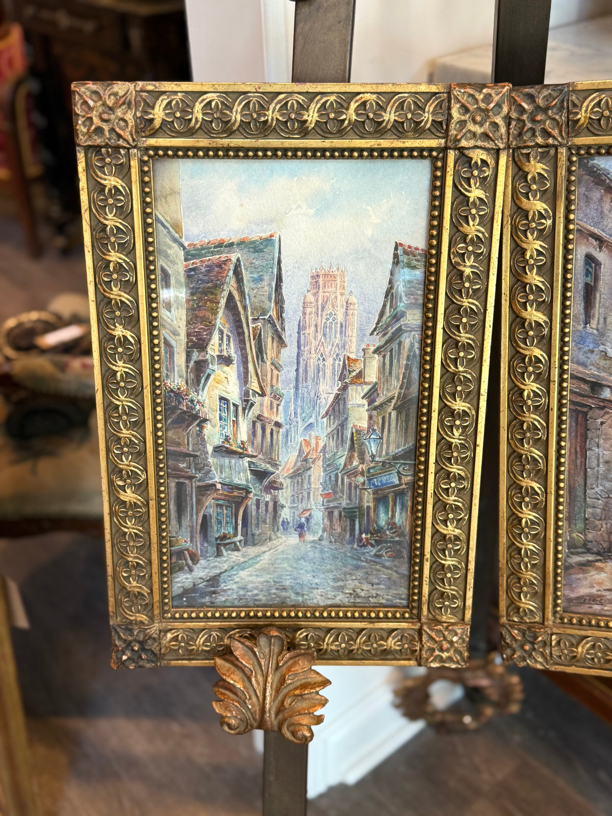 Pair of Signed French Village Street Scene Watercolors by M. Guillebert in Gothic Revival Frames