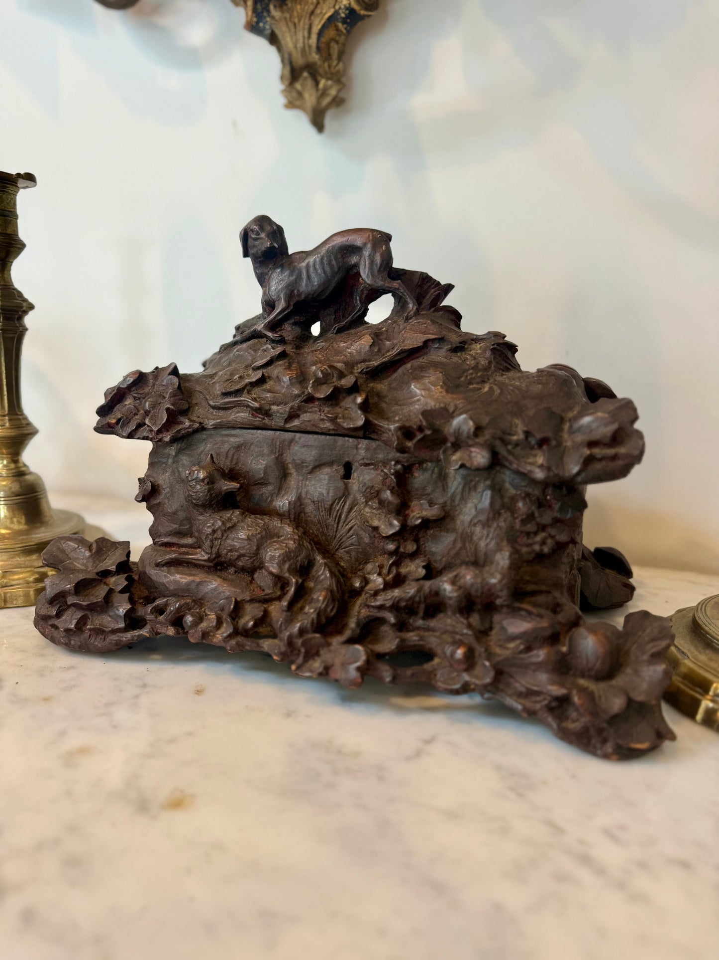 Antique Black Forest Carved Hunt Scene Box with Dog Scene