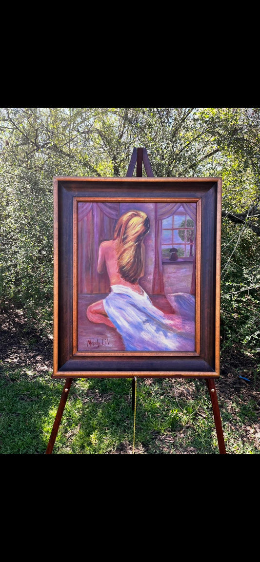 Original Oil Painting – Romantic Nude Woman by Window – Signed by Melody Lile – Framed Figurative Art