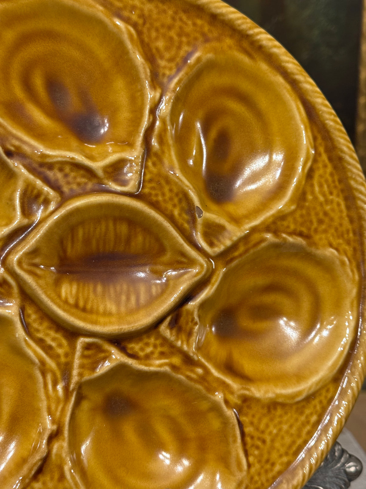 Vintage French Saint-Clément Majolica Oyster Plate in Mustard Glaze, 10”