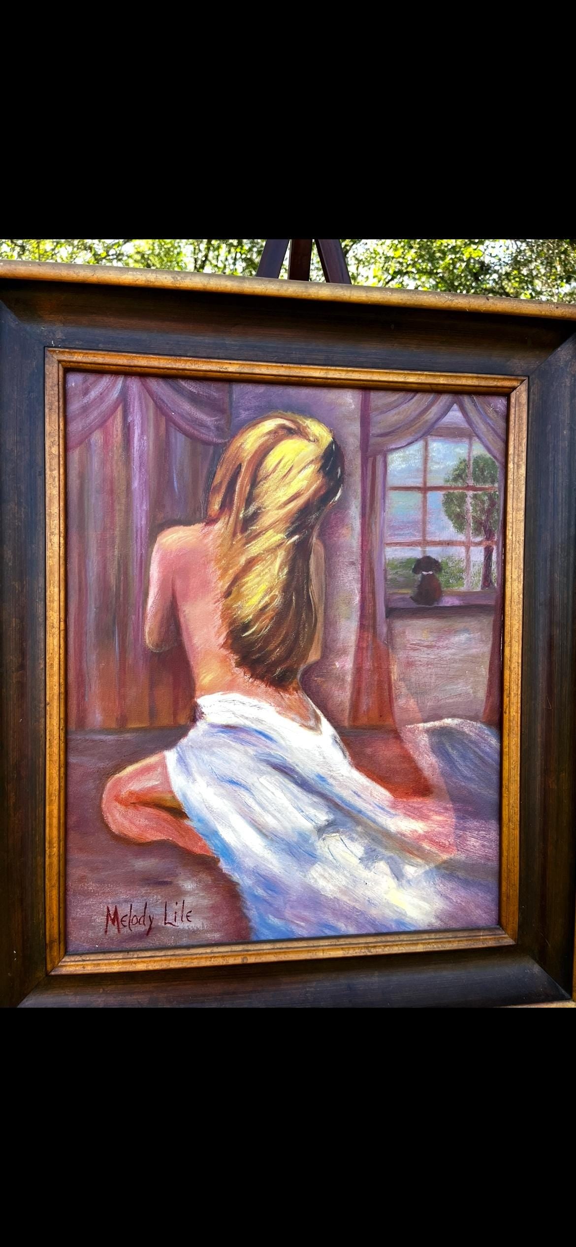 Original Oil Painting – Romantic Nude Woman by Window – Signed by Melody Lile – Framed Figurative Art