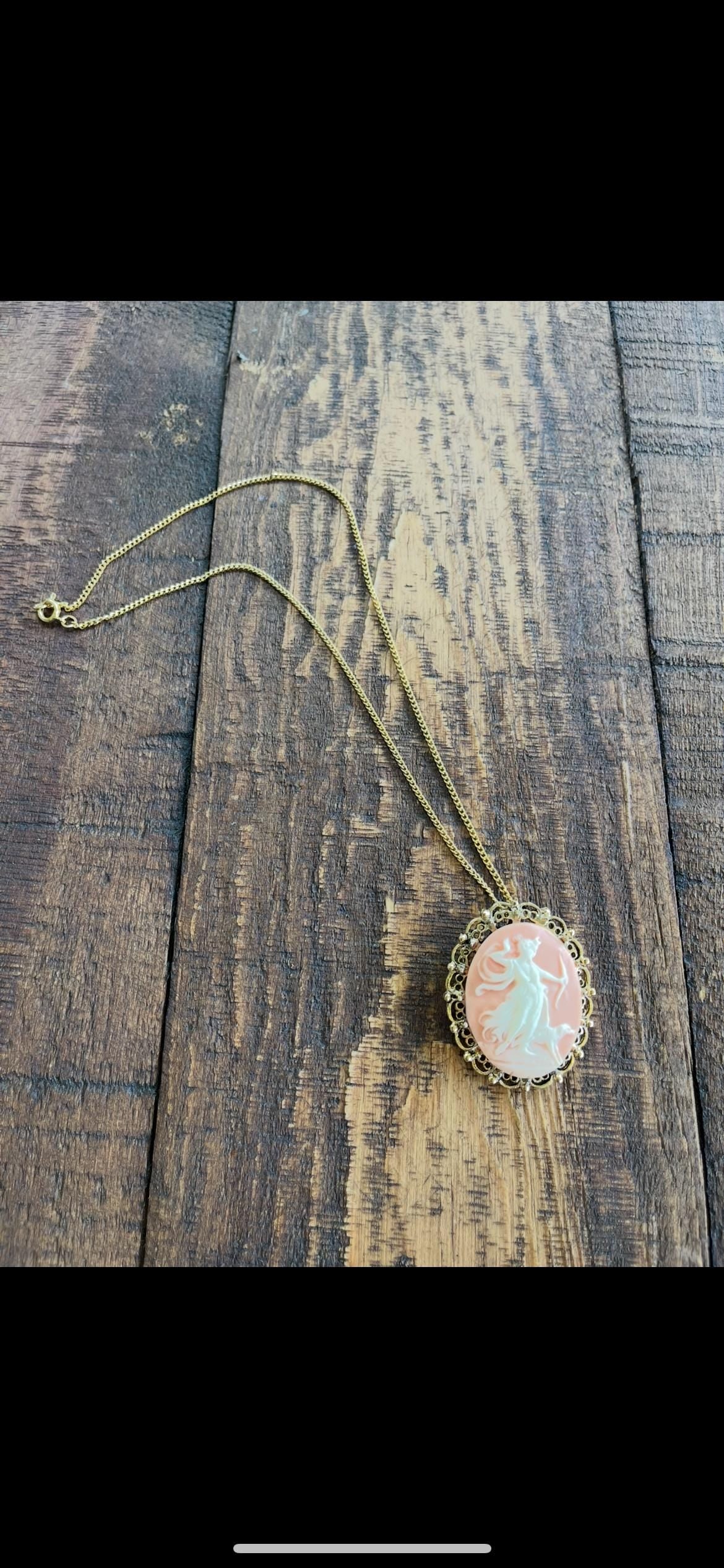 Artemis Cameo Necklace – Resin Pink Cameo Depicting Artemis with Bow & Dog – Vintage Greek Goddess Jewelry