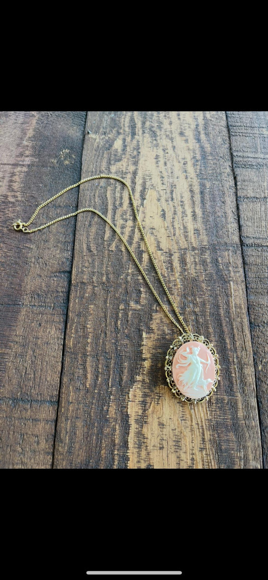 Artemis Cameo Necklace – Resin Pink Cameo Depicting Artemis with Bow & Dog – Vintage Greek Goddess Jewelry