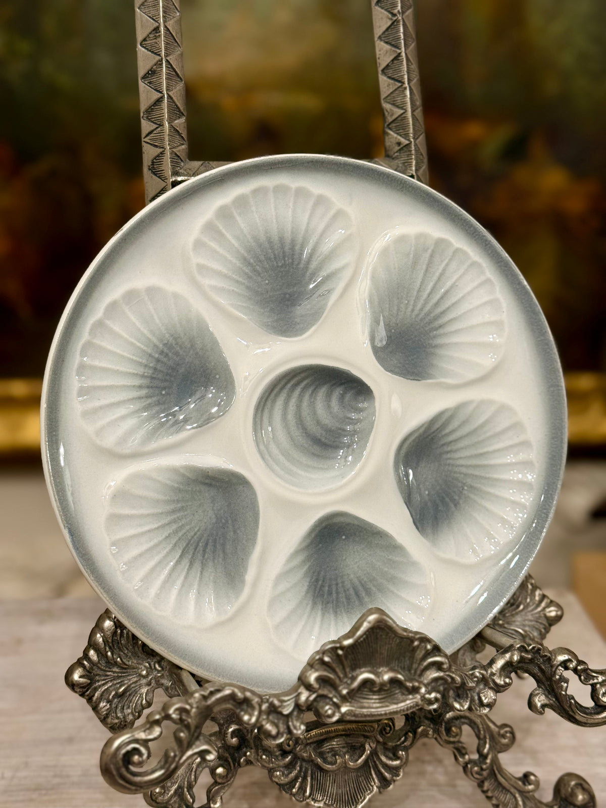 Vintage French Moulin des Loups Orchies Oyster Plate, Blue Gray Glaze, 9.5”