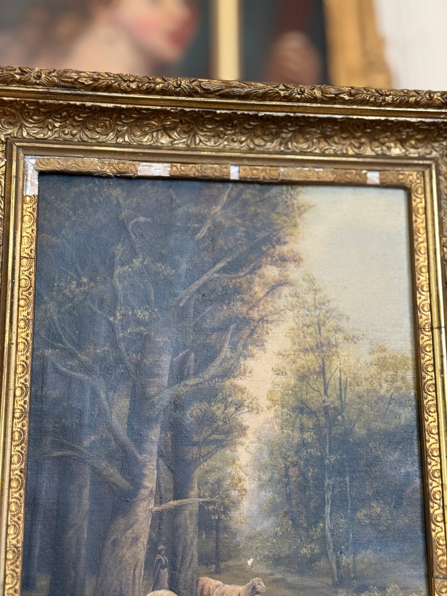 1915 American Pastoral Sheep Landscape Oil Painting by E. A. Olewine