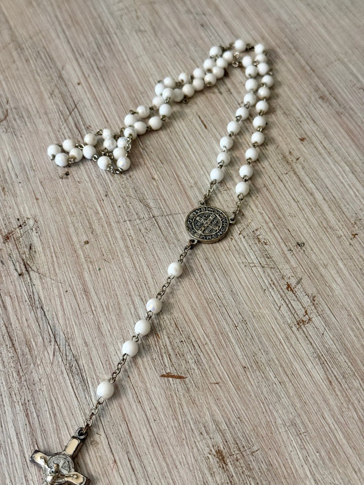 Vintage White Opalescent Beaded St. Benedict Catholic Rosary