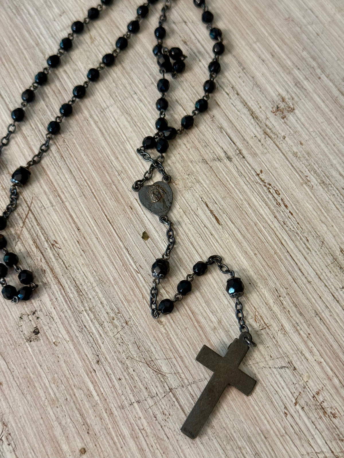 Vintage Black Faceted Glass Catholic Rosary with Marian Medal