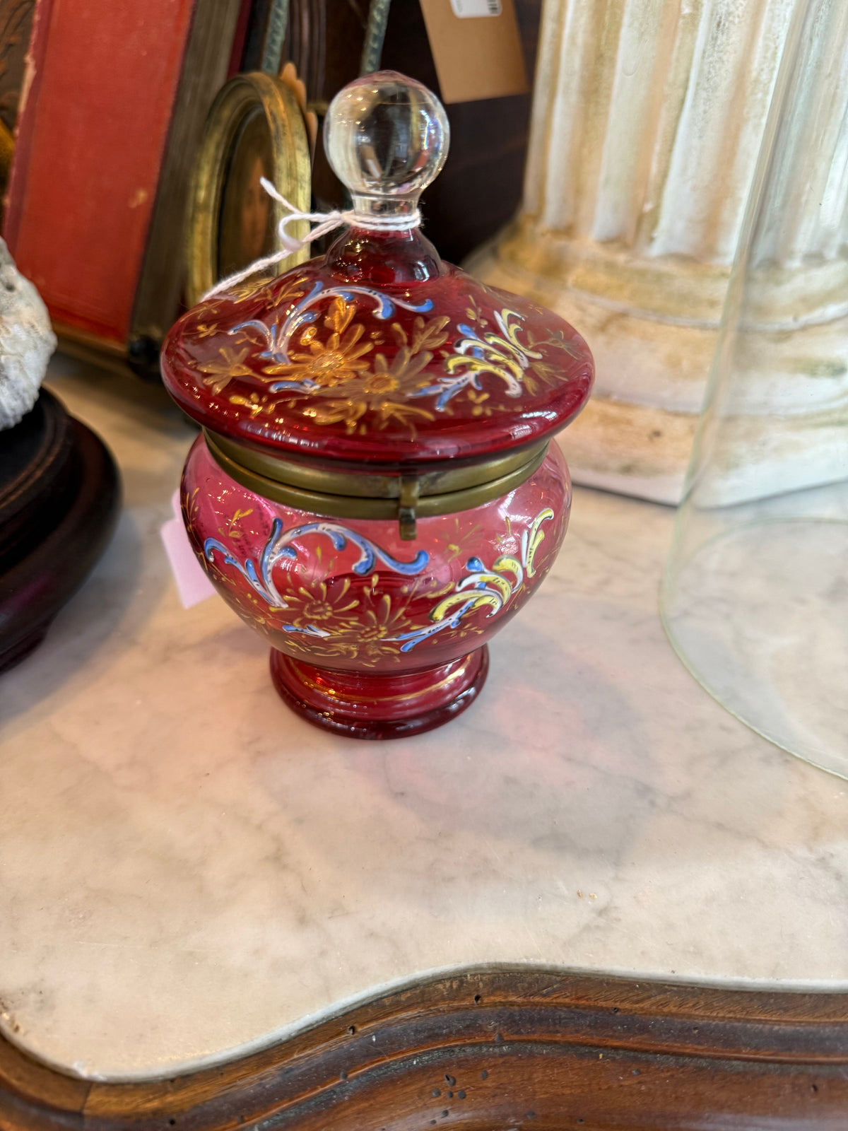 Antique Bohemian Ruby Glass Enameled Hinged Casket