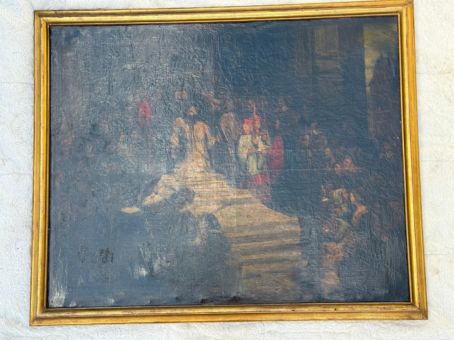 Huge Mid-19th Century Continental Public Penance Tribunal Scene – Dramatic Historic Oil Painting (35x42”)