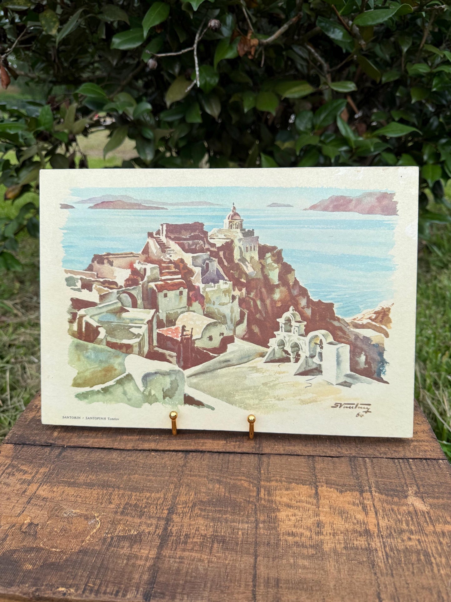 Vintage 1964 Santorini Greece Print by Stylianos Vassiliou | Midcentury Greek Travel Art on Board