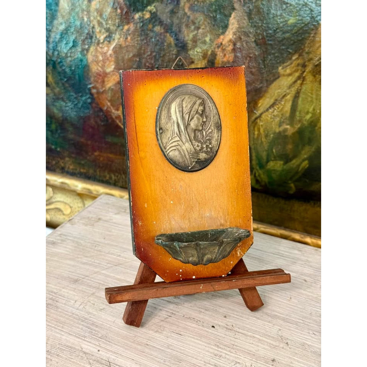 Vintage Virgin Mary Holy Water Font with Wooden Wall Plaque and Metal Basin