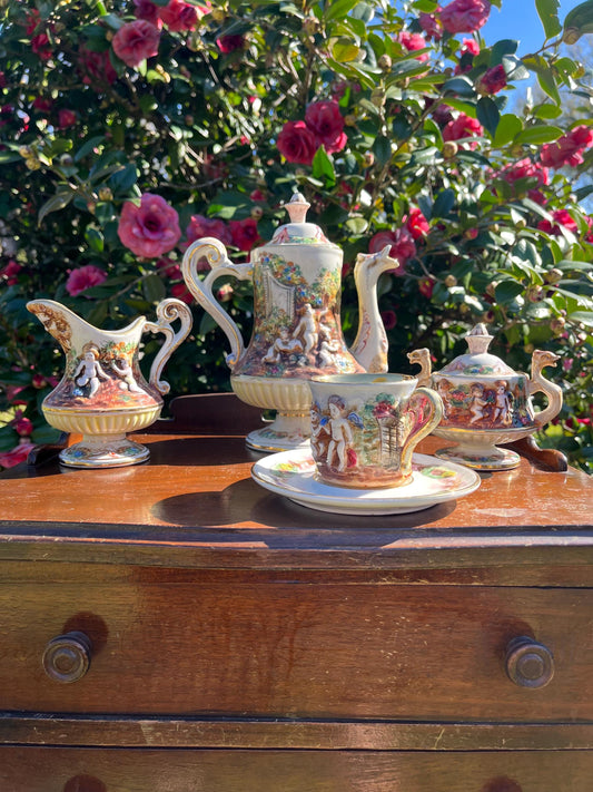Capodimonte Tea Set with Serpents and Cherubs, Porcelain Vintage Tea Set, Unique Tea Set Gift, Italian Ceramics