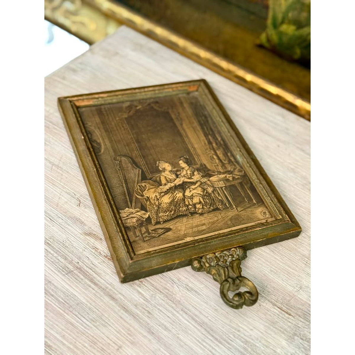 Vintage French Rococo Style Framed Print & Mirror with Ornate Handle