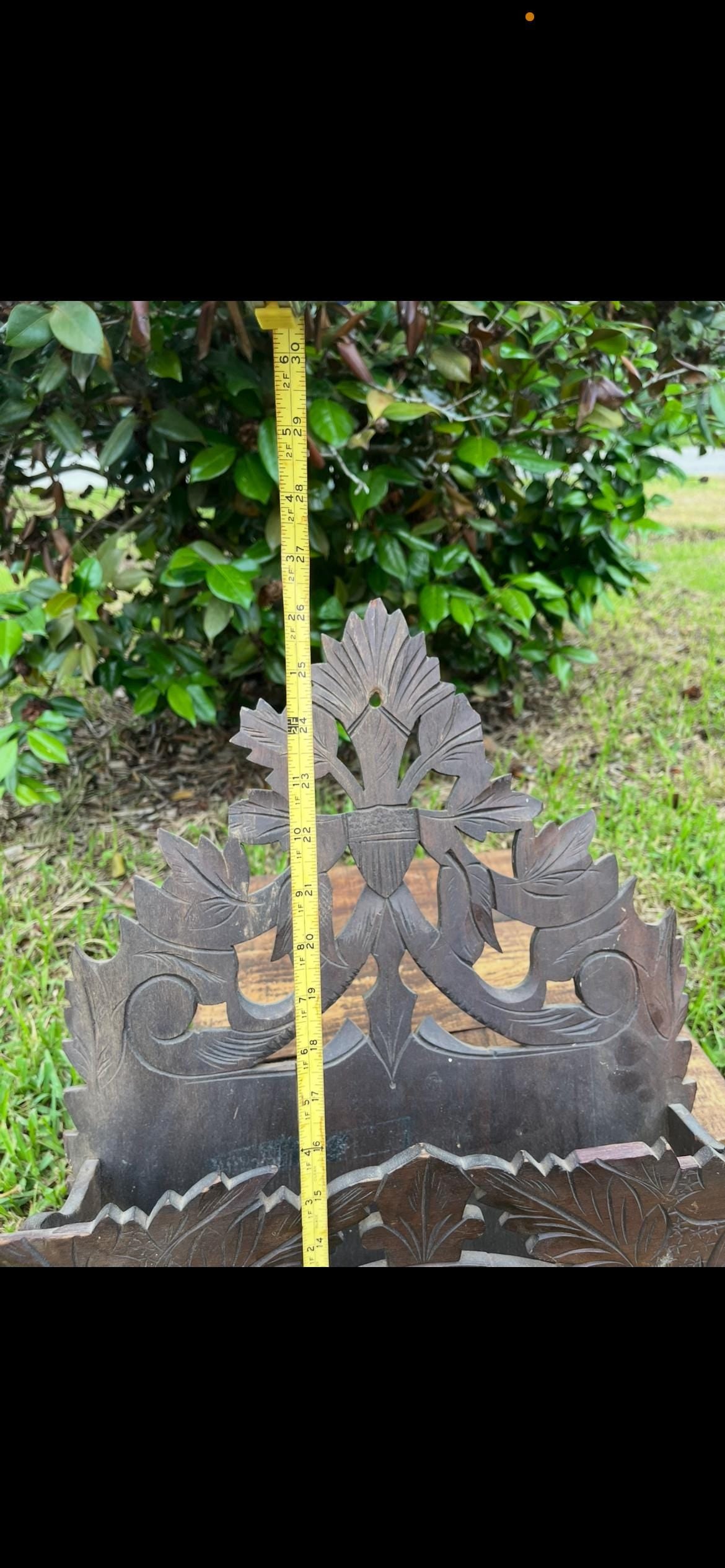 Antique Victorian Oak Magazine Rack | Black Oak Newspaper Stand | Gothic Revival | Some Damage | Ornate Carved Storage Furniture