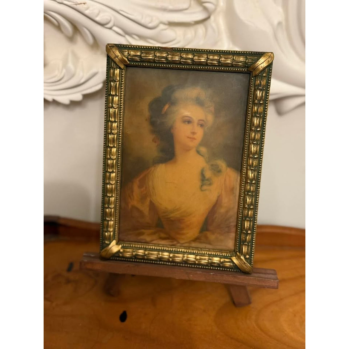 Vintage Convex Metal Lady Portrait Rococo Victorian Style Gold Frame