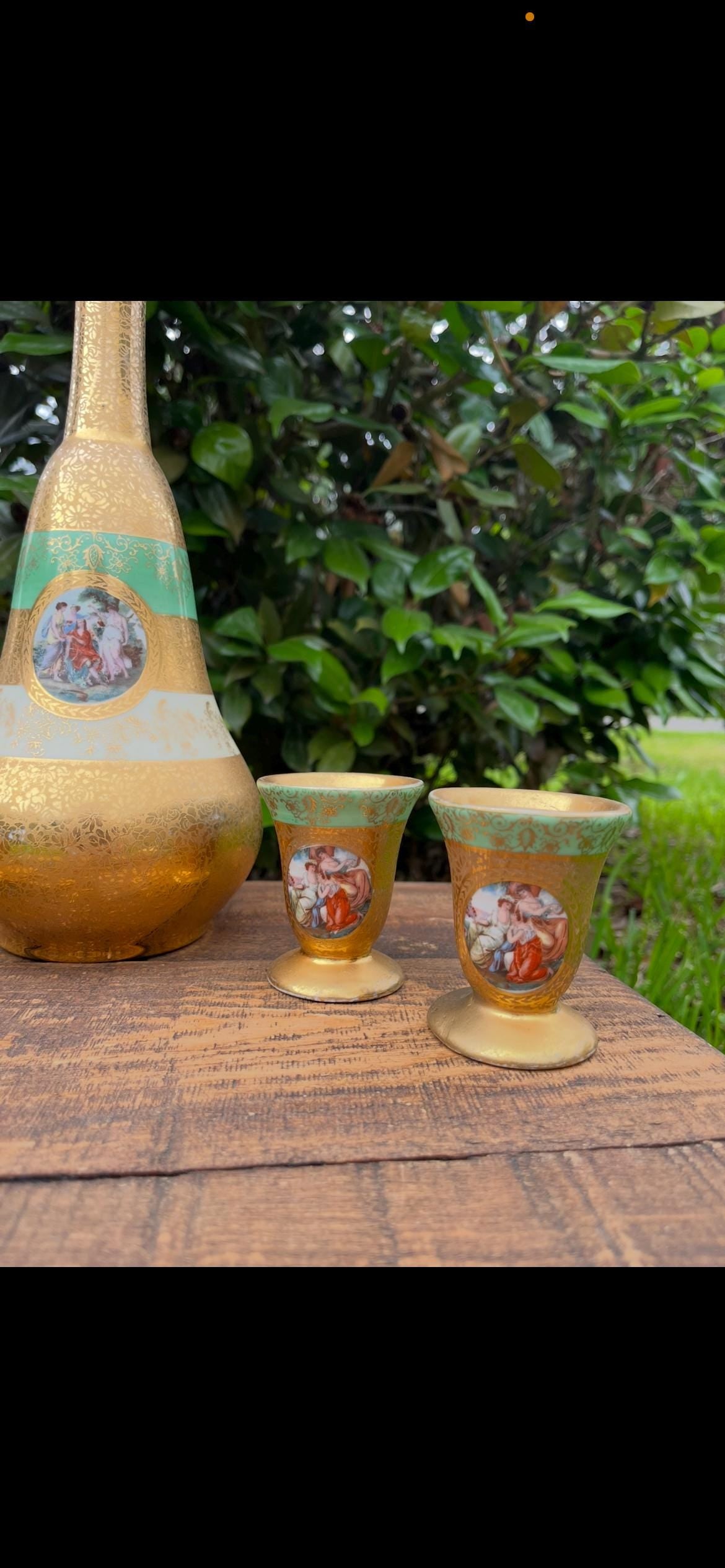 Le Mieux Decanter 4 Glasses | Midcentury Hand-Painted Gold & Enamel Bar Set | Missing Stopper | Vintage Hollywood Regency Glassware