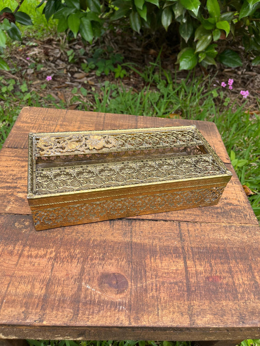 Vintage Brass Filigree Tissue Box Cover – Hollywood Regency Vanity or Bathroom Decor
