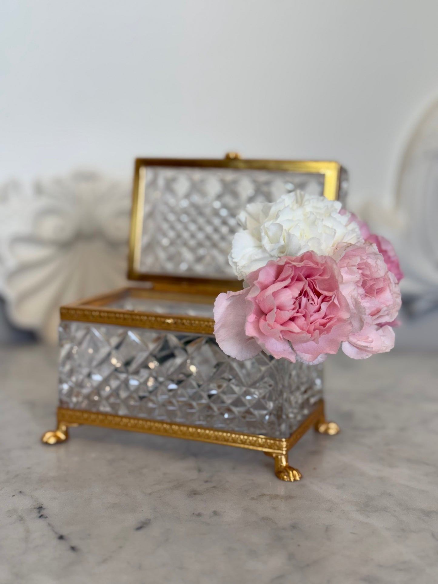 Antique Cut Crystal Jewelry Casket with Gilt Bronze Claw Feet, c. Early 1900s