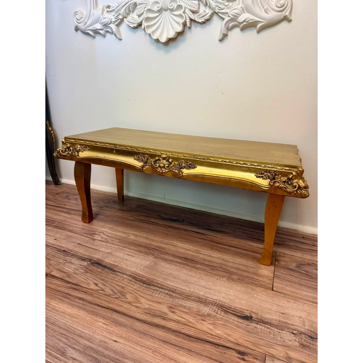 Vintage Hollywood Regency Gold Wood Bench Low Table Rococo Style Riser