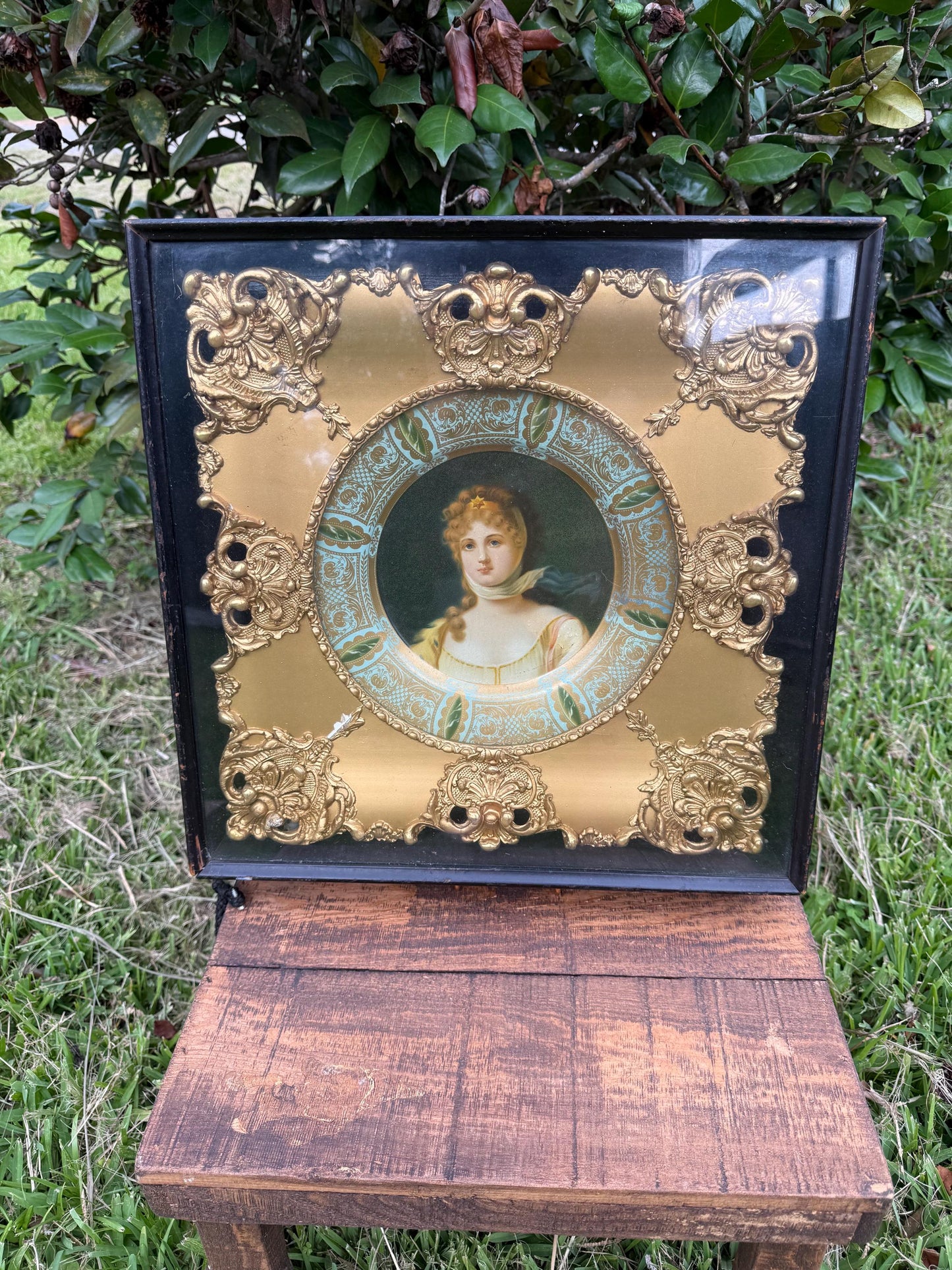 Antique Vienna Portrait Plate with Gilded Brass Mat | Early 1900s Hand-Painted Porcelain Lady Portrait, Framed