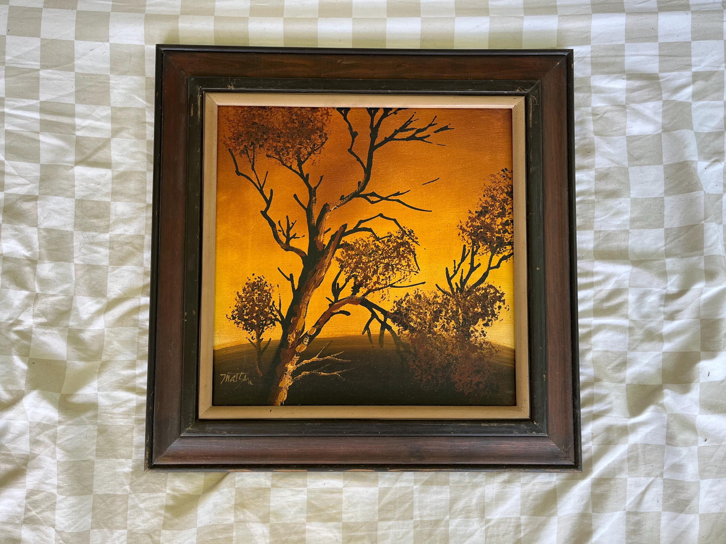 Vintage Oil Painting of Tree at Sunset | 1960s–70s Silhouette Landscape | Glowing Orange Sky Art