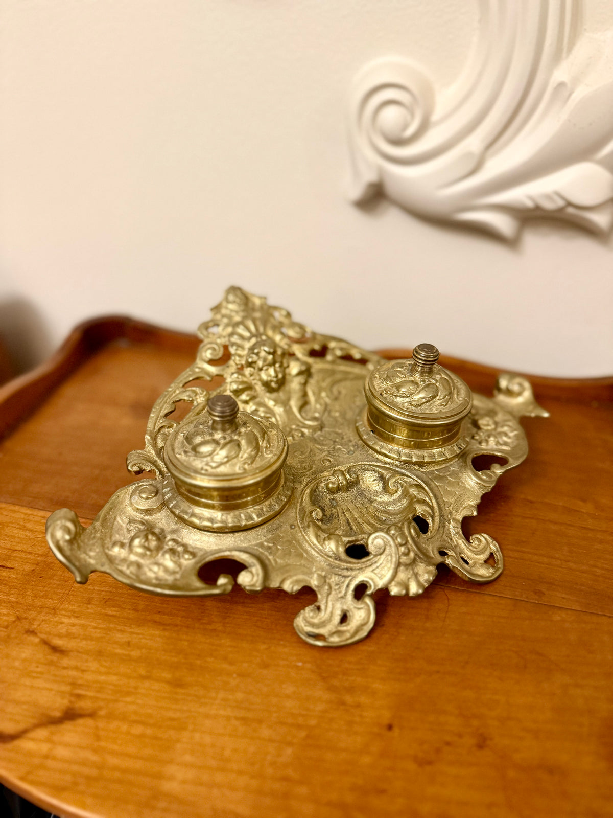 Vintage Rococo Revival Ornate Cast Metal Double Inkwell Inkstand