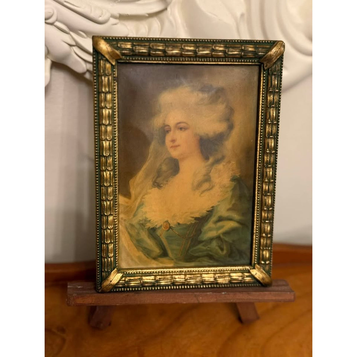 Vintage Convex Metal Lady Portrait Rococo Style Ornate Gold Frame