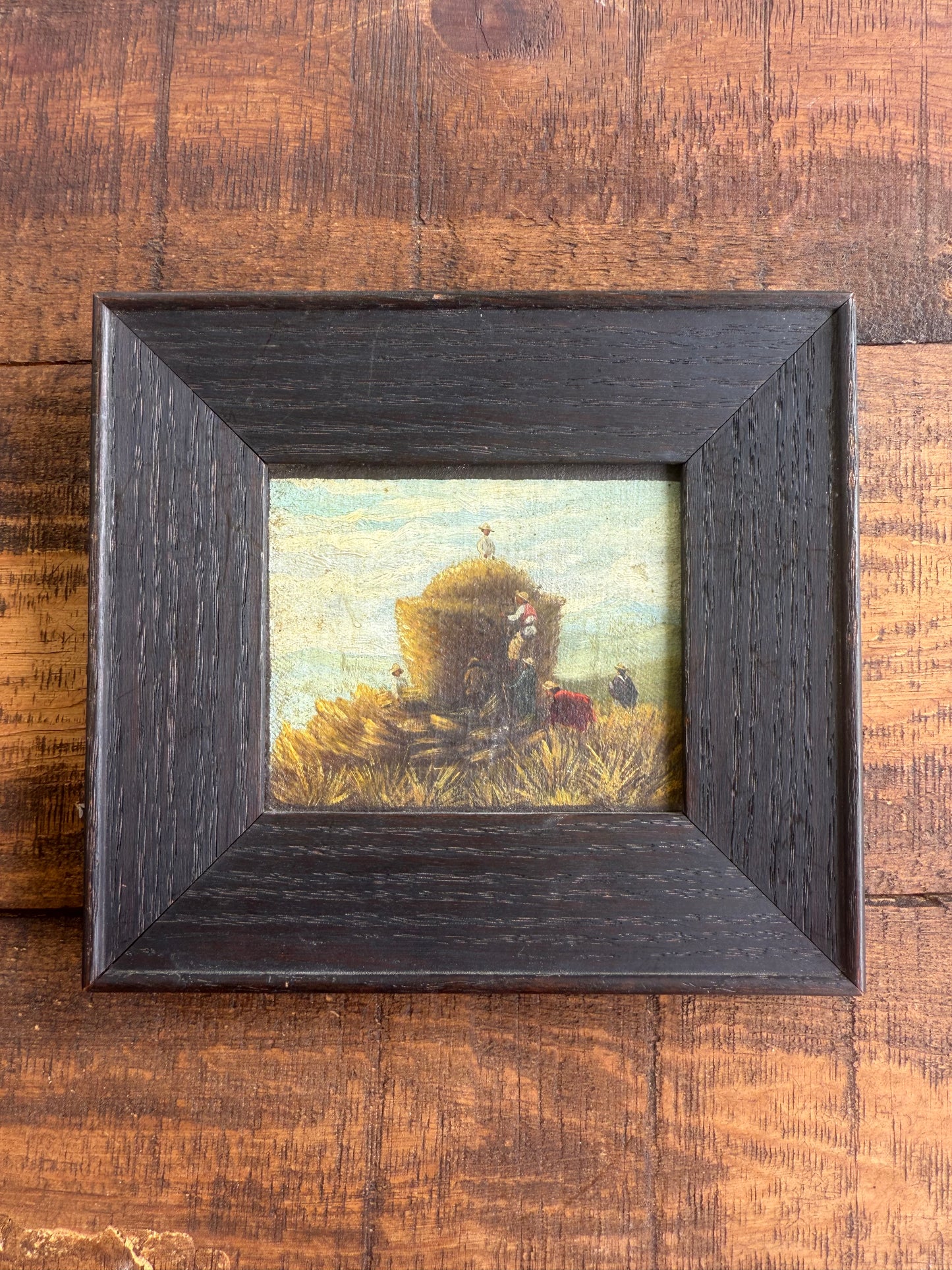 19th Century Wanamaker Collection Miniature Oil Painting – Harvest Scene with Hay Cart