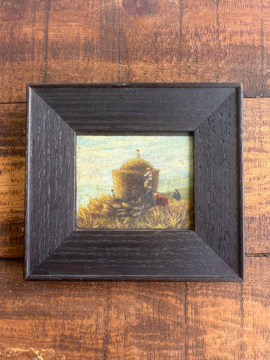 19th Century Wanamaker Collection Miniature Oil Painting – Harvest Scene with Hay Cart