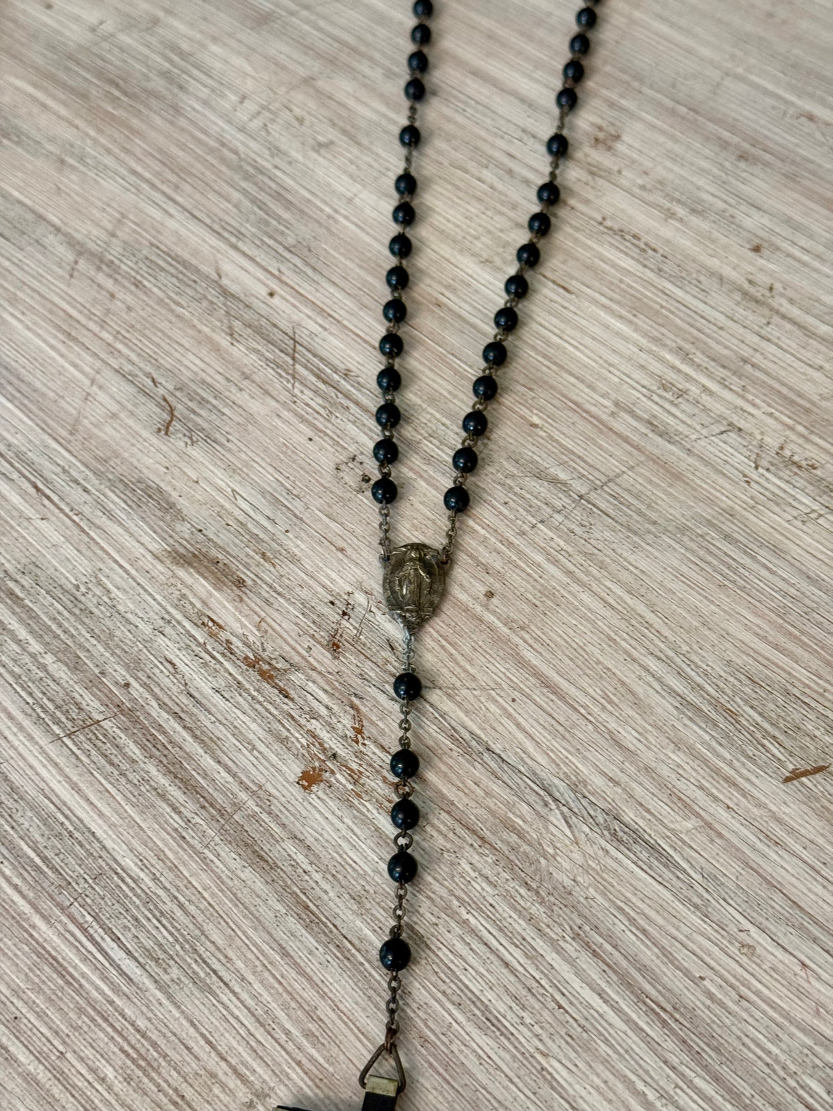 Vintage Black Beaded Catholic Rosary with Metal-Tipped Crucifix