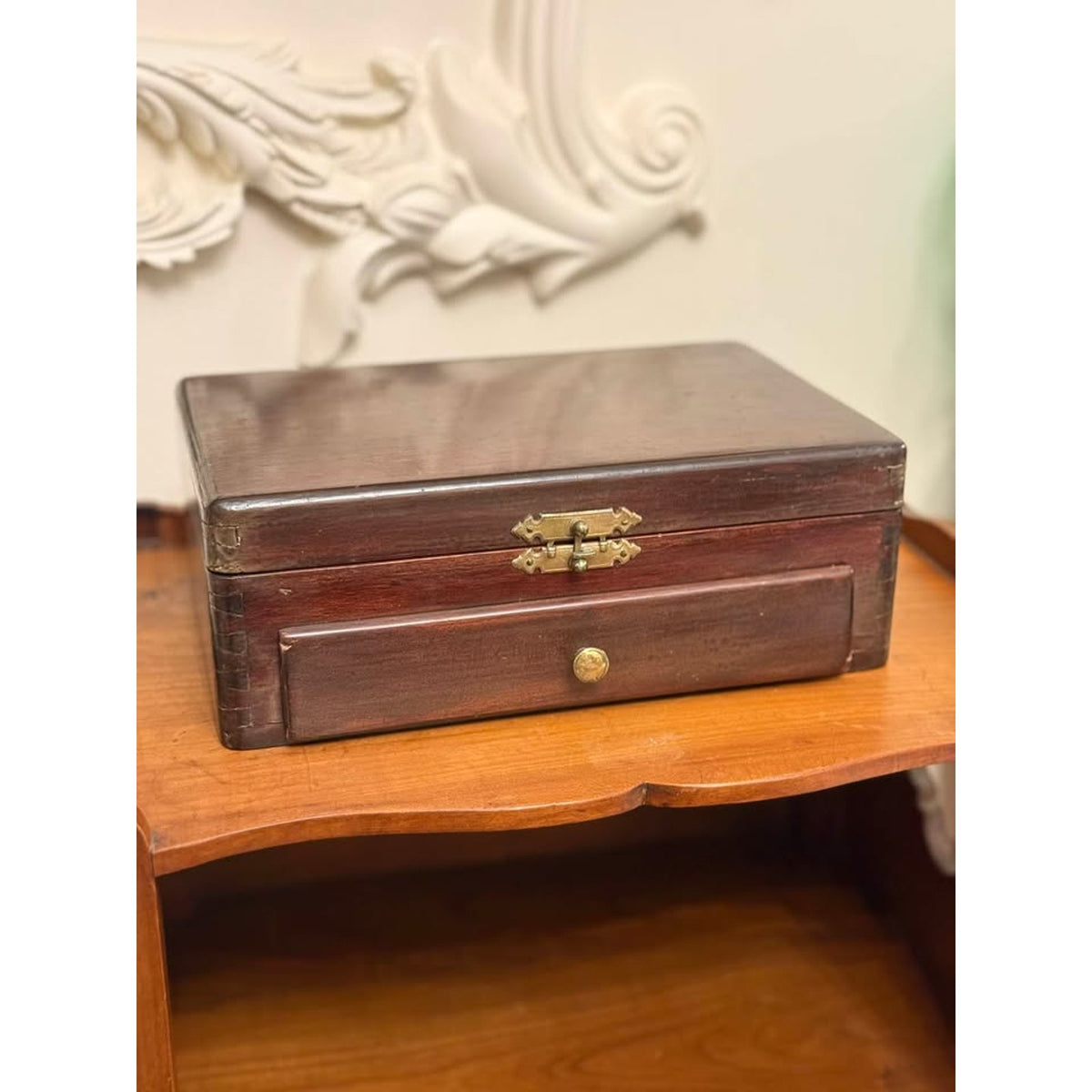Antique Victorian Mahogany Jewelry Box Dovetail Drawer Purple Velvet Interior