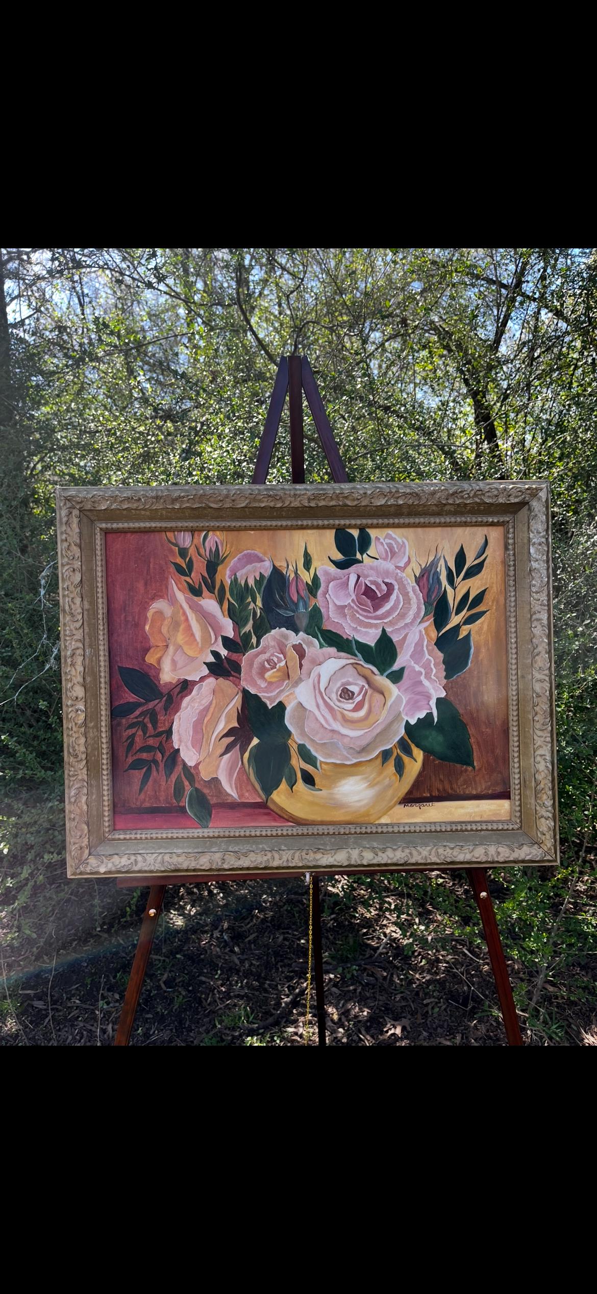 Vintage Floral Still Life Painting – Mid Century Roses in Yellow Vase, Original Signed Oil by Margaret