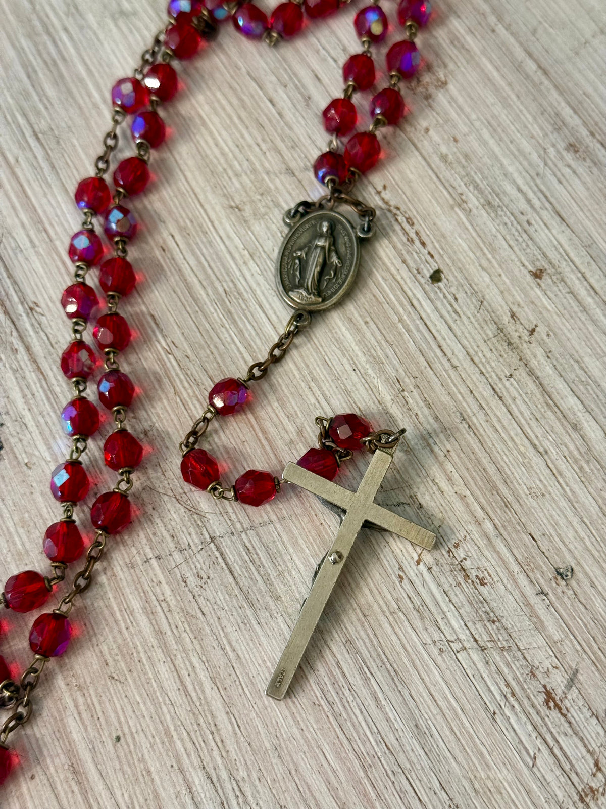 Vintage Iridescent Ruby Red Glass Catholic Rosary with Miraculous Medal