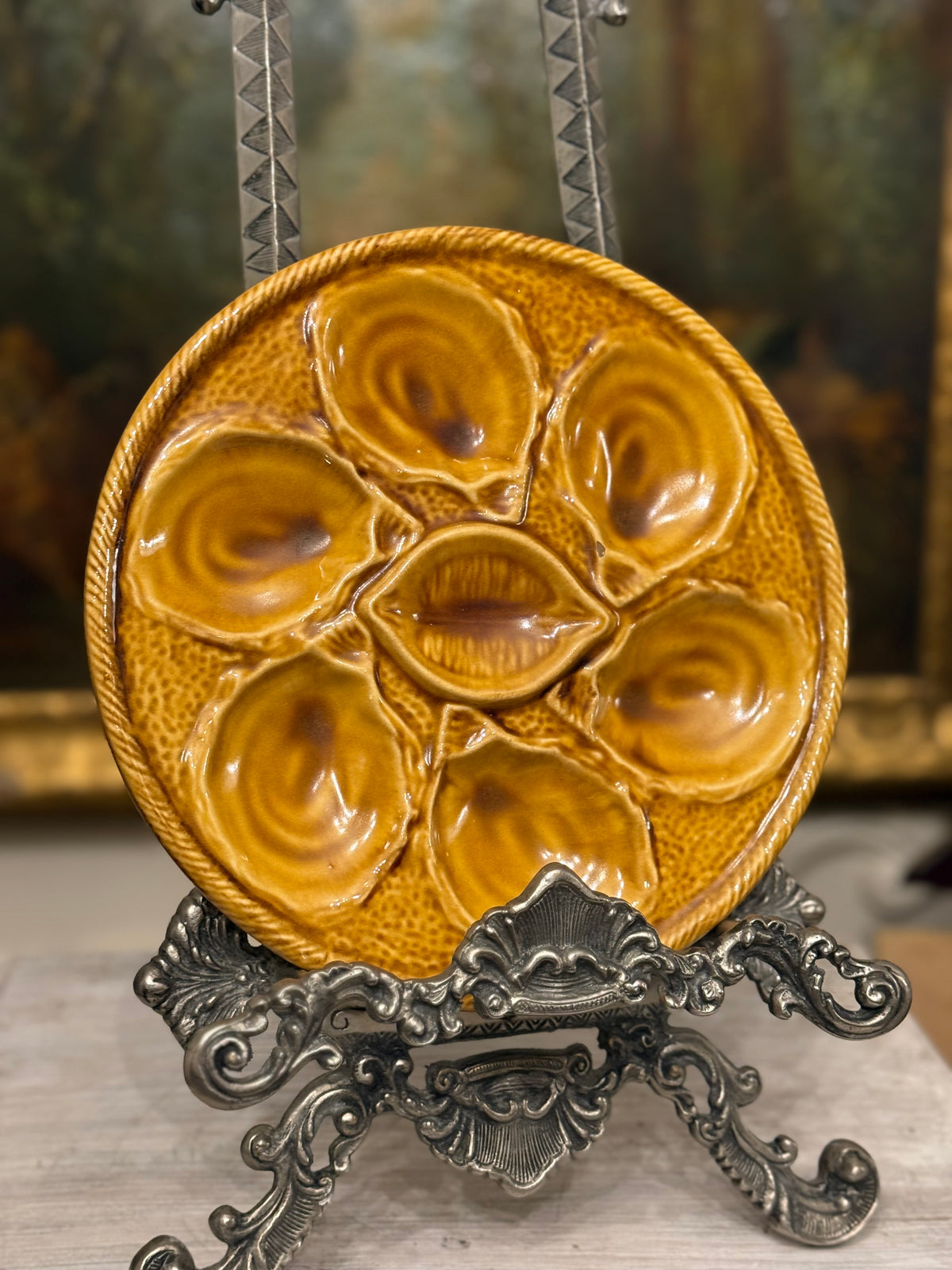 Vintage French Saint-Clément Majolica Oyster Plate in Mustard Glaze, 10”