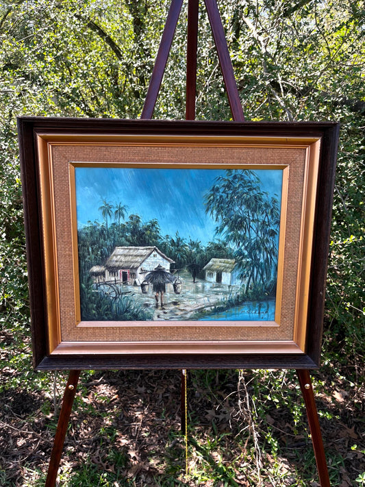 Cambodian Village Oil Painting – Signed P.S. Chang – Vintage Southeast Asian Art on Canvas – Tropical Landscape Wall Decor
