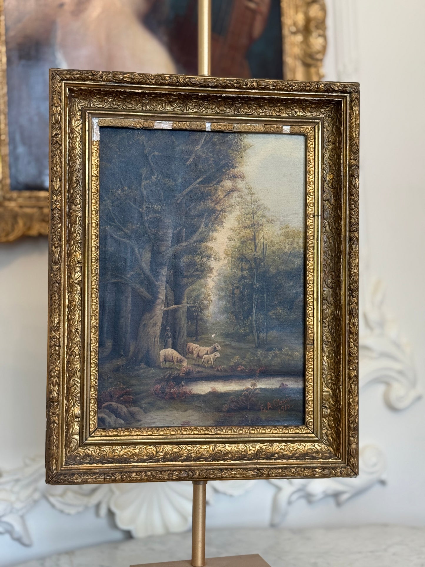 1915 American Pastoral Sheep Landscape Oil Painting by E. A. Olewine