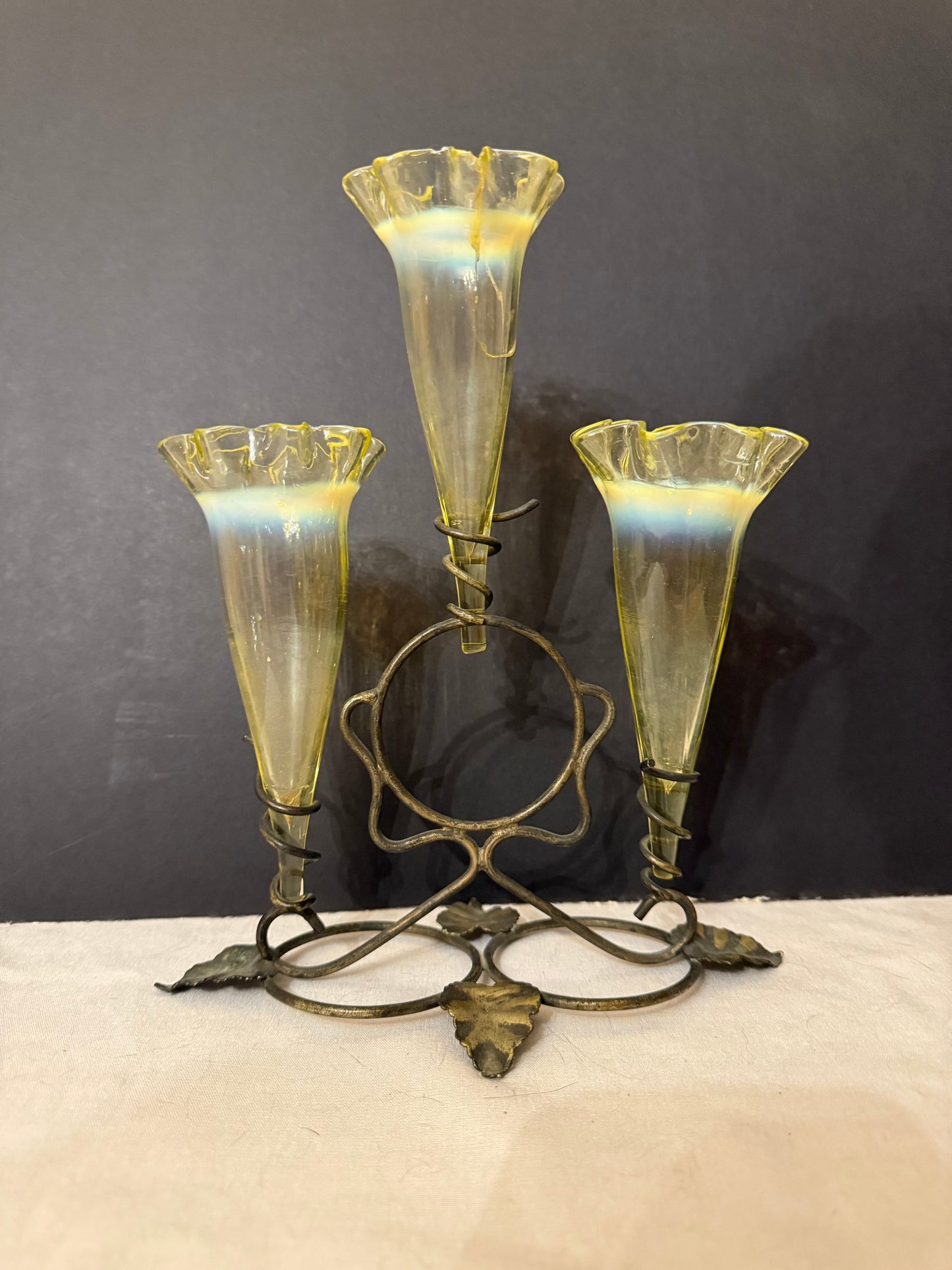Victorian Uranium Glass Epergne with Three Flutes, c. 1890–1910