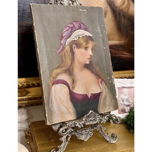 Antique European Portrait Oil Painting of Young Woman on Canvas