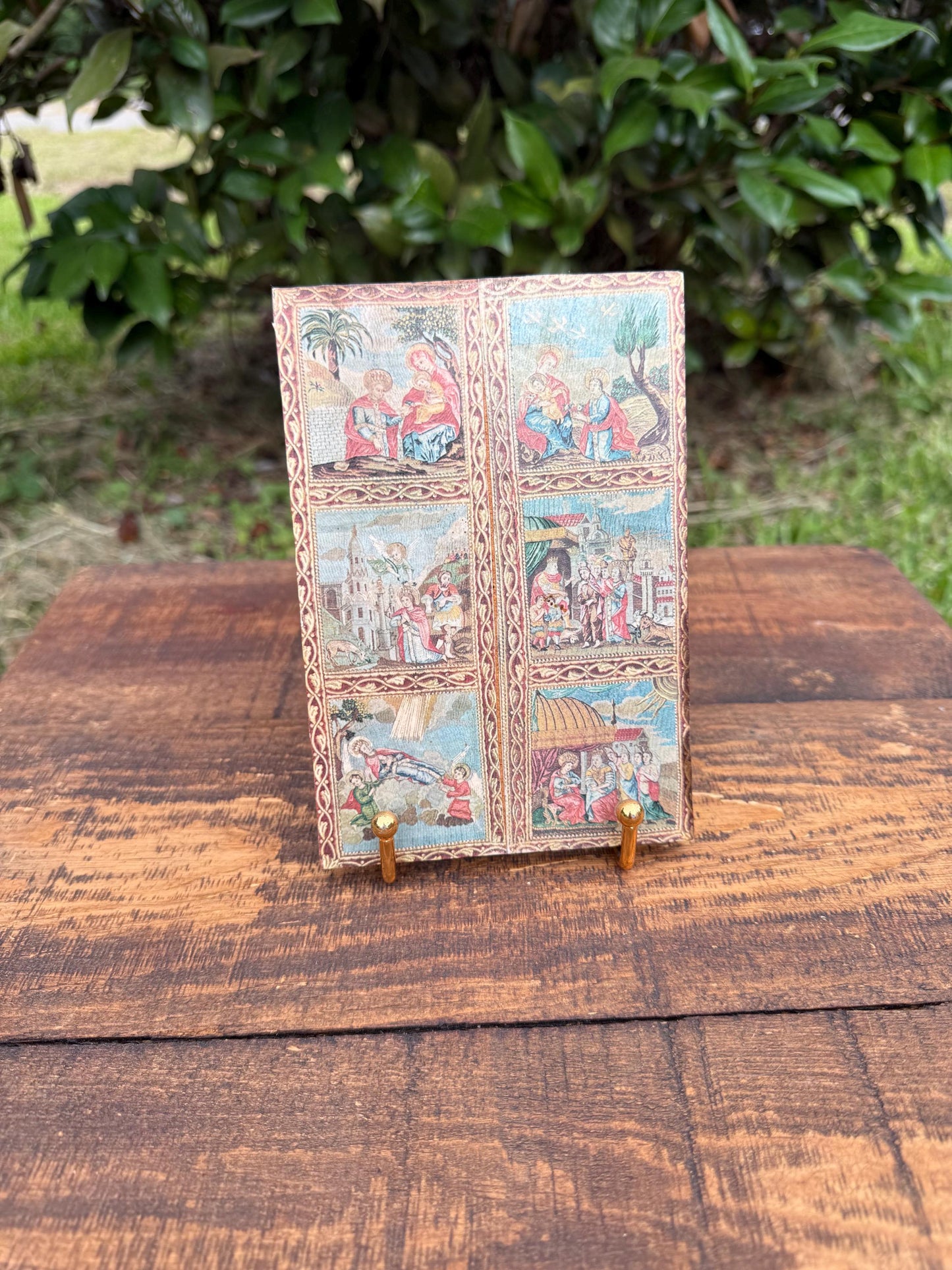 Greek Orthodox Icon Plaque from Meteora – Vintage Six-Scene Religious Print on Wood – Byzantine Style Wall Art