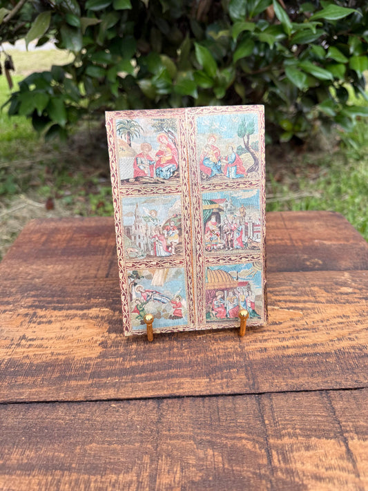Greek Orthodox Icon Plaque from Meteora – Vintage Six-Scene Religious Print on Wood – Byzantine Style Wall Art