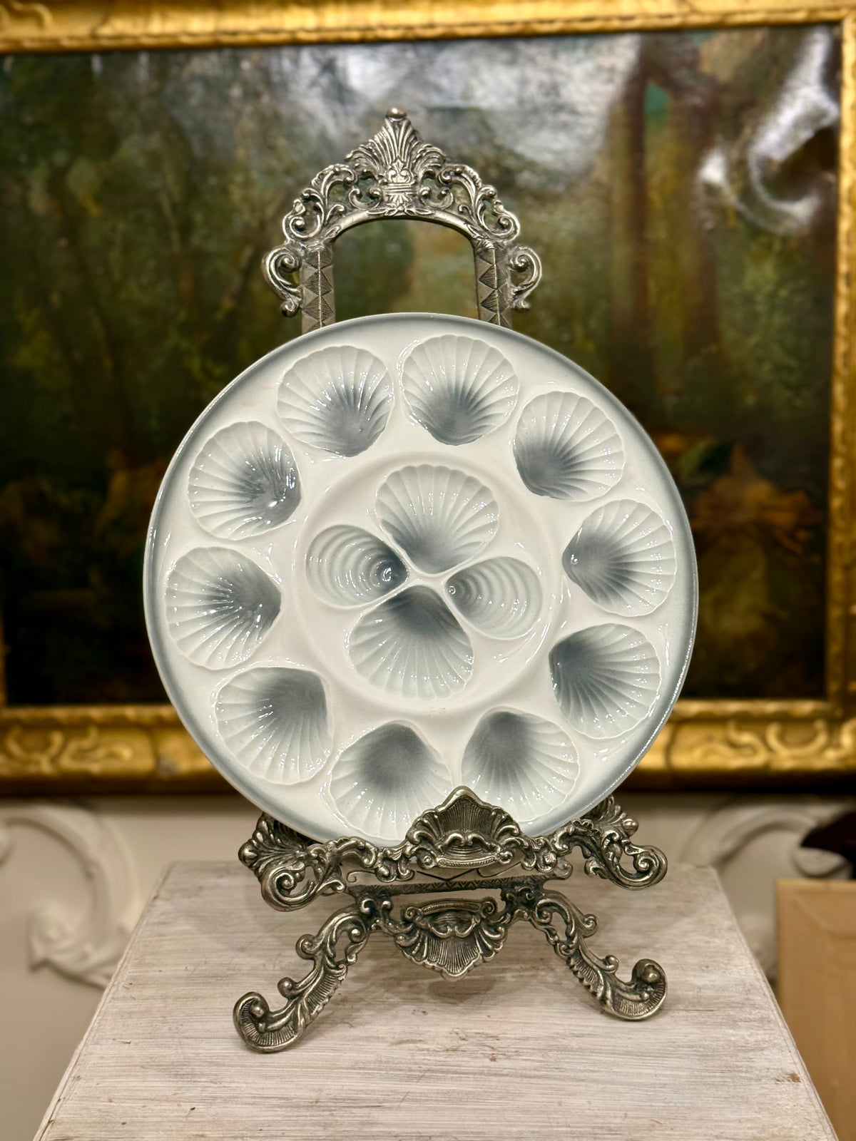 Vintage French Moulin des Loups Large Oyster Platter, Blue Gray and White, 13”