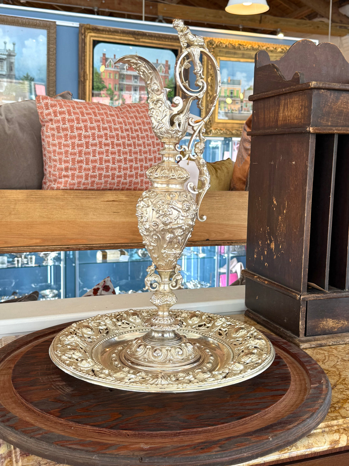 Monumental Silvered Bronze Figural Ewer & Underplate