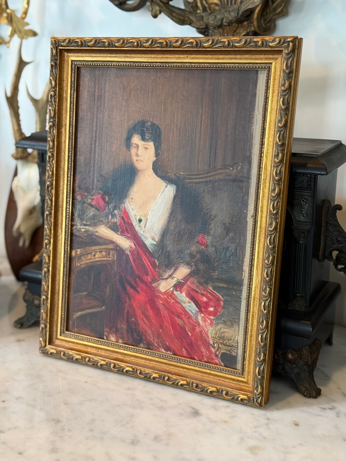 Continental School “Woman with Fur Stole” Oil on Panel Portrait, 19th/20th Century